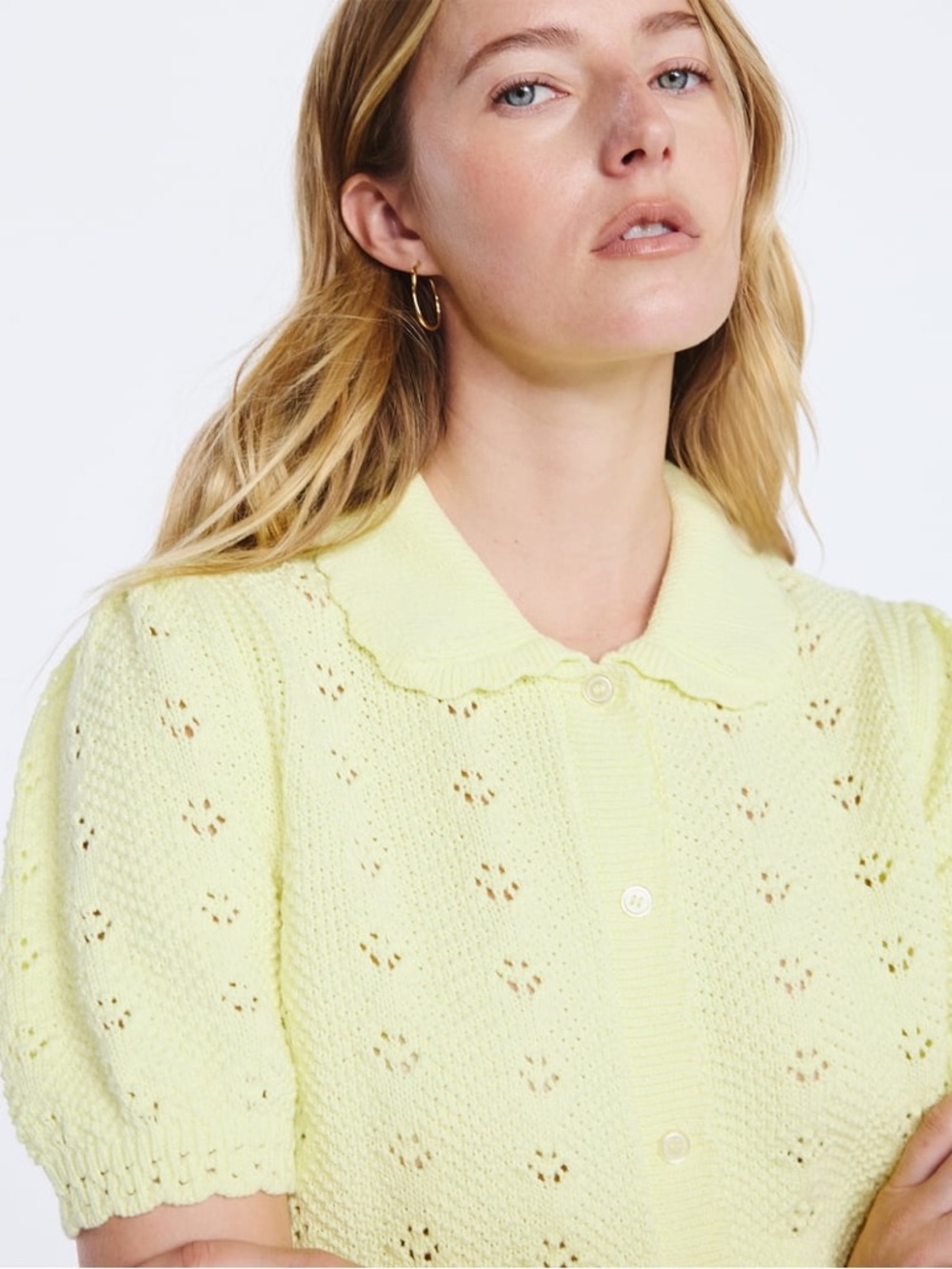Free Assembly Cottage Yellow Pointelle Peterpan Collar Cardigan Cottagecore XS - Picture 5 of 8